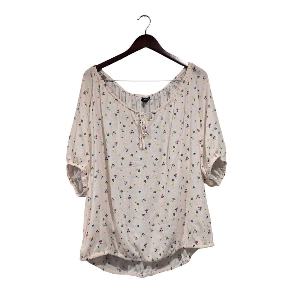 Torrid Women's Top Blouse Floral Bees Boho Relaxed Fit Crepe Tie Neck Sz 1X